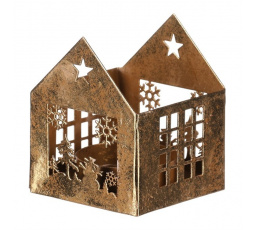 Svícen kovový - tvar domečku, menší, zlatý