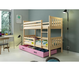 Dětská patrová postel CARINO se šuplíkem 80x190 cm, bez matrací, Přírodní/Růžová
