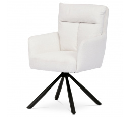 Jídelní židle, bílá látka bouclé, otočná s vratným mechanismem - funkce reset, černé kovové nohy