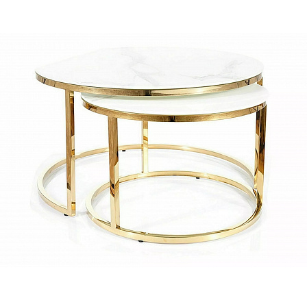 Konferenční stůl MUSE - set 2 stolů, efekt bílého mramoru/zlatá