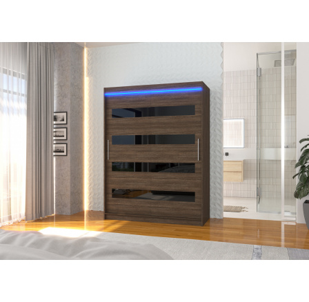 Šatní skříň s posuvnými dveřmi s lacobelem a LED osvětlením MARTINEZ 150 Choco+Black Lacobel