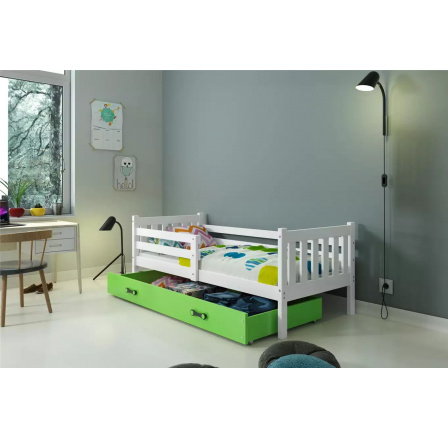 Dětská postel CARINO 90x200 cm se šuplíkem, s matrací, Bílá/Zelená