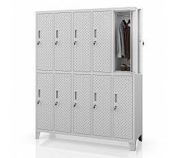 Skříň BHP na oděvy, přihrádková, perforovaná, 10 přihrádek, šedá, 1360x1720x450 mm: BARTEK PRO