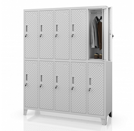 Skříň BHP na oděvy, přihrádková, perforovaná, 10 přihrádek, šedá, 1360x1720x450 mm: BARTEK PRO Skříň BHP na oděvy, přihrádková, perforovaná, 10 přihrádek, šedá, 1360x1720x450 mm: BARTEK PRO