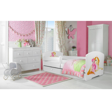 Postel s matrací, zábranou a šuplíkem PEPE GIRL WITH UNICORN 140x70 Bílá