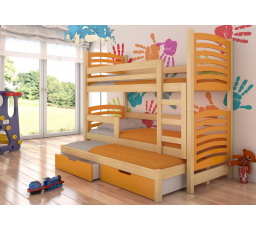 Dětská patrová postel SORIA s výsuvem a se šuplíky, včetně matrací, Přírodní/Oranžová