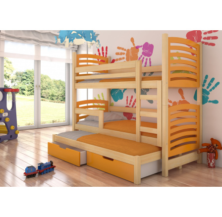 Třílůžková patrová postel s matracemi SORIA Pine+Orange