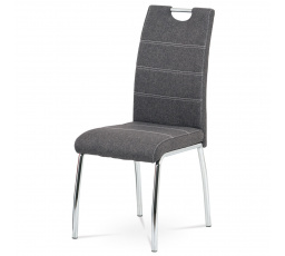 Jídelní židle, potah šedá látka, bílé prošití, kovová 4nohá chromovaná podnož
