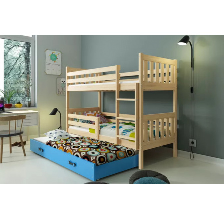 Dětská patrová postel CARINO 3 s přistýlkou 80x190 cm, bez matrací, Přírodní/Modrá