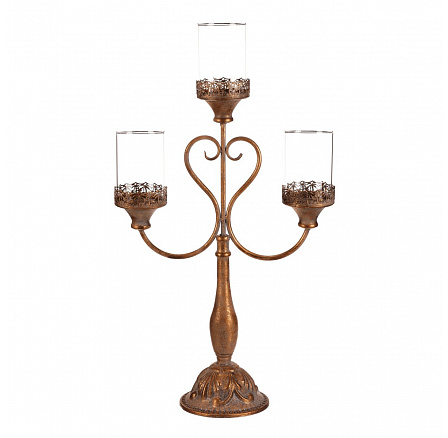 Svícen kovový - 65 cm, 3 ramena, se skly, barva zlatá