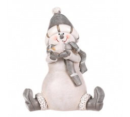 Sněhulák - polyresiová figurka, sedící, šedý obleček a čepka