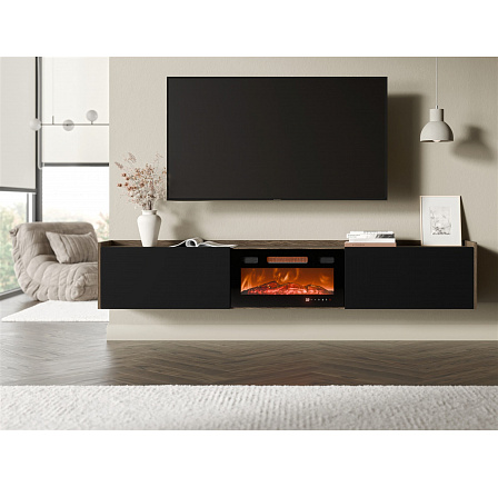 Závěsná TV komoda ARIGATO s elektrickým krbem, ořech / černá Závěsná TV komoda ARIGATO s elektrickým krbem, ořech / černá