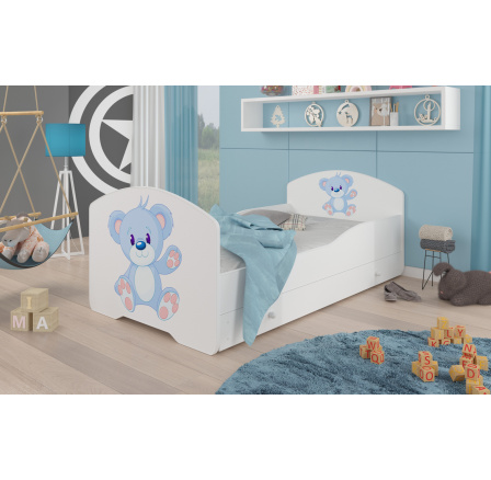 Postel dětská PEPE BLUE BEAR 160x80 Bílá s matrací a zásuvkou