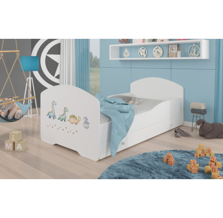 Postel dětská PEPE DINOSAURS 140x70 Bílá s matrací a zásuvkou