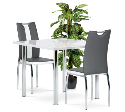 Jídelní set 1+2, stůl 90x90 cm, bílý vysoký lesk, kov - chrom, židle potah šedá a bílá ekokůže, kov - chrom