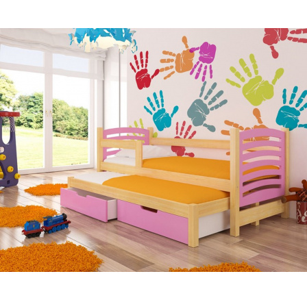 Postel dětská vyvýšená 2 místná AVILA Pine+Pink s matracemi 