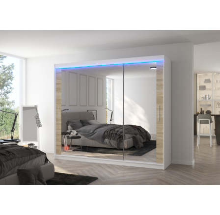 Posuvná skříň se zrcadlem a LED osvětlením CHESTER 250 Bílá+Sonoma