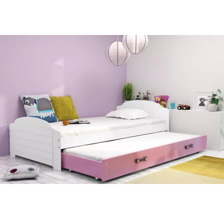 Dětská postel LILI s přistýlkou 90x200 cm, bez matrací, Bílá/Růžová