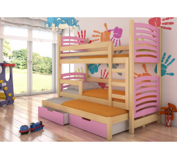 Dětská patrová postel SORIA s výsuvem a se šuplíky, včetně matrací, Přírodní/Růžová