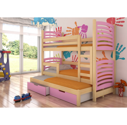Třílůžková patrová postel s matracemi SORIA Pine+Pink