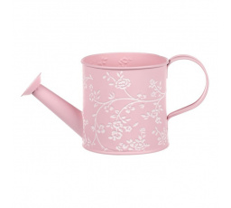 Obal kovový - konev, v růžové barvě s bílými růžemi