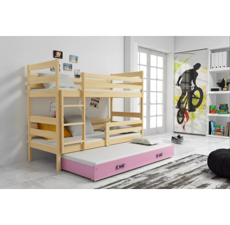 Dětská patrová postel ERYK 3 s přistýlkou 80x160 cm, včetně matrací, Přírodní/Růžová
