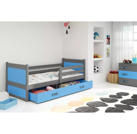 Dětská postel RICO 80x190 cm se šuplíkem, s matrací, Grafit/Modrá