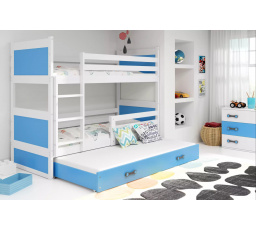Dětská patrová postel RICO 3 s přistýlkou 90x200 cm, bez matrací, Bílá/Modrá