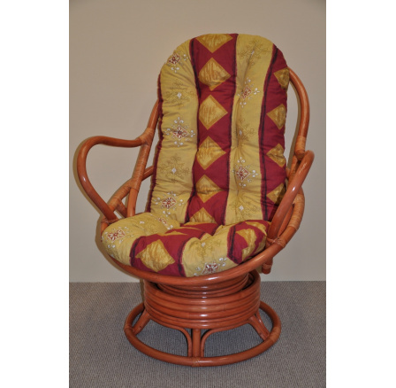 Ratanové houpací křeslo Swivel Helsinky  koňak polstr vínový motiv