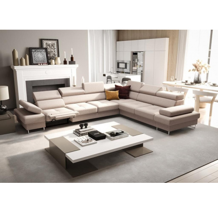 Rohová sedací souprava s funkcí spaní a relaxace GALAXY MAX 350x280 cm - béžová, pravá Rohová sedací souprava s funkcí spaní a relaxace GALAXY MAX 350x280 cm - béžová, pravá