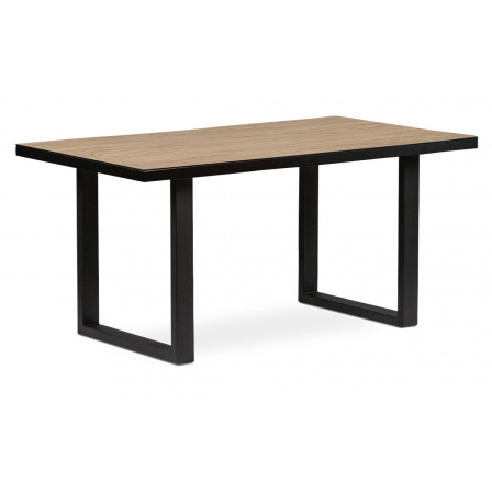 Jídelní stůl 160x90x76, keramické sklo 5 mm v dekoru dub + MDF, kovové nohy, černý matný lak