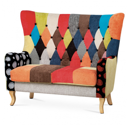 Dvojsedačka, potah látka patchwork, dřevěné nohy, masiv kaučukovník Dvojsedačka, potah látka patchwork, dřevěné nohy, masiv kaučukovník
