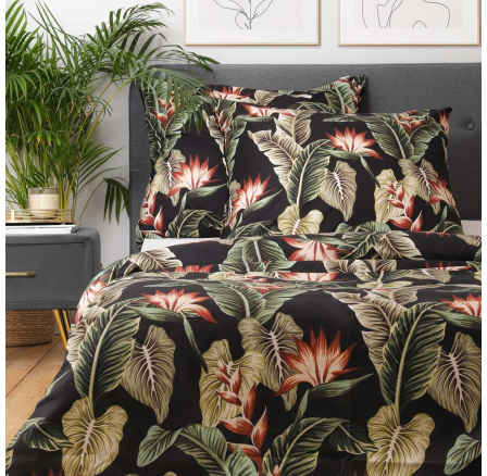 Povlečení BELAGA mikrovlákno černé s listy a květinami 200x220 cm SS23 989111