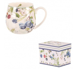 Hrneček v dárkové dóze - porcelán, bílý s lesními plody