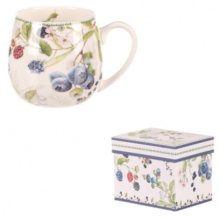 Hrneček v dárkové dóze - porcelán, bílý s lesními plody