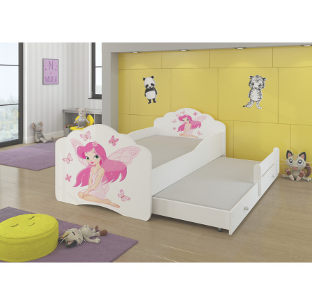 Dětská postel s přistýlkou a matracemi CASIMO II, 160x80 cm, Bílá/Girl with wings
