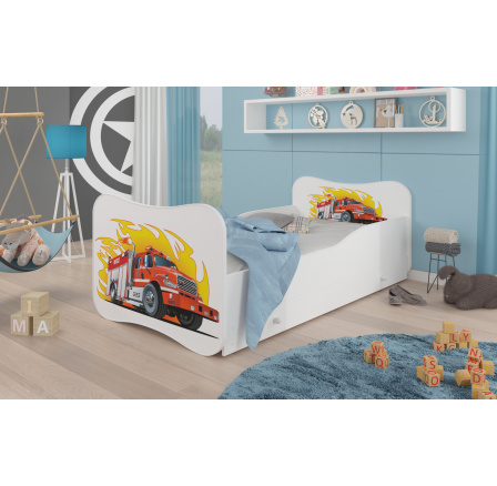 Dětská postel GONZALO s matrací a šuplíkem, 160x80 cm, Bílá/Fire truck